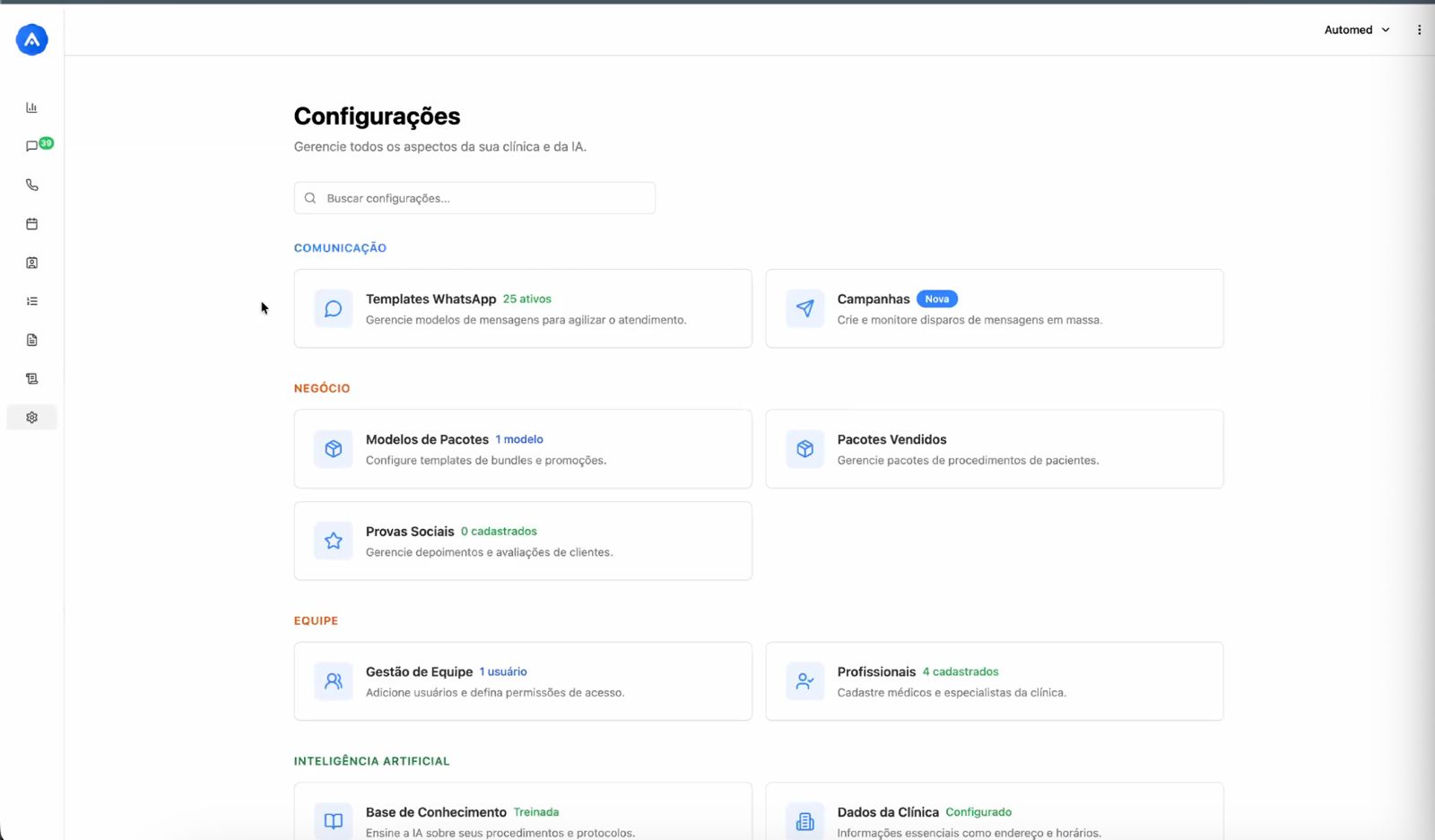 Tela de painel de gestão com configurações e dados da operação