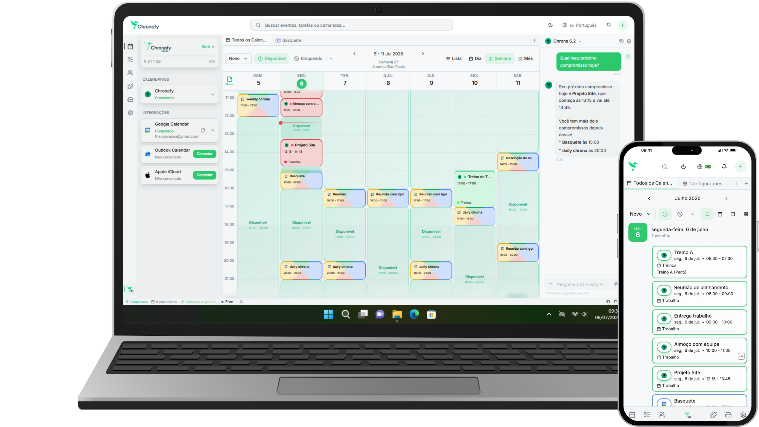 Calendário da Chronafy no notebook e no celular, com a semana montada e o chat da IA ao lado