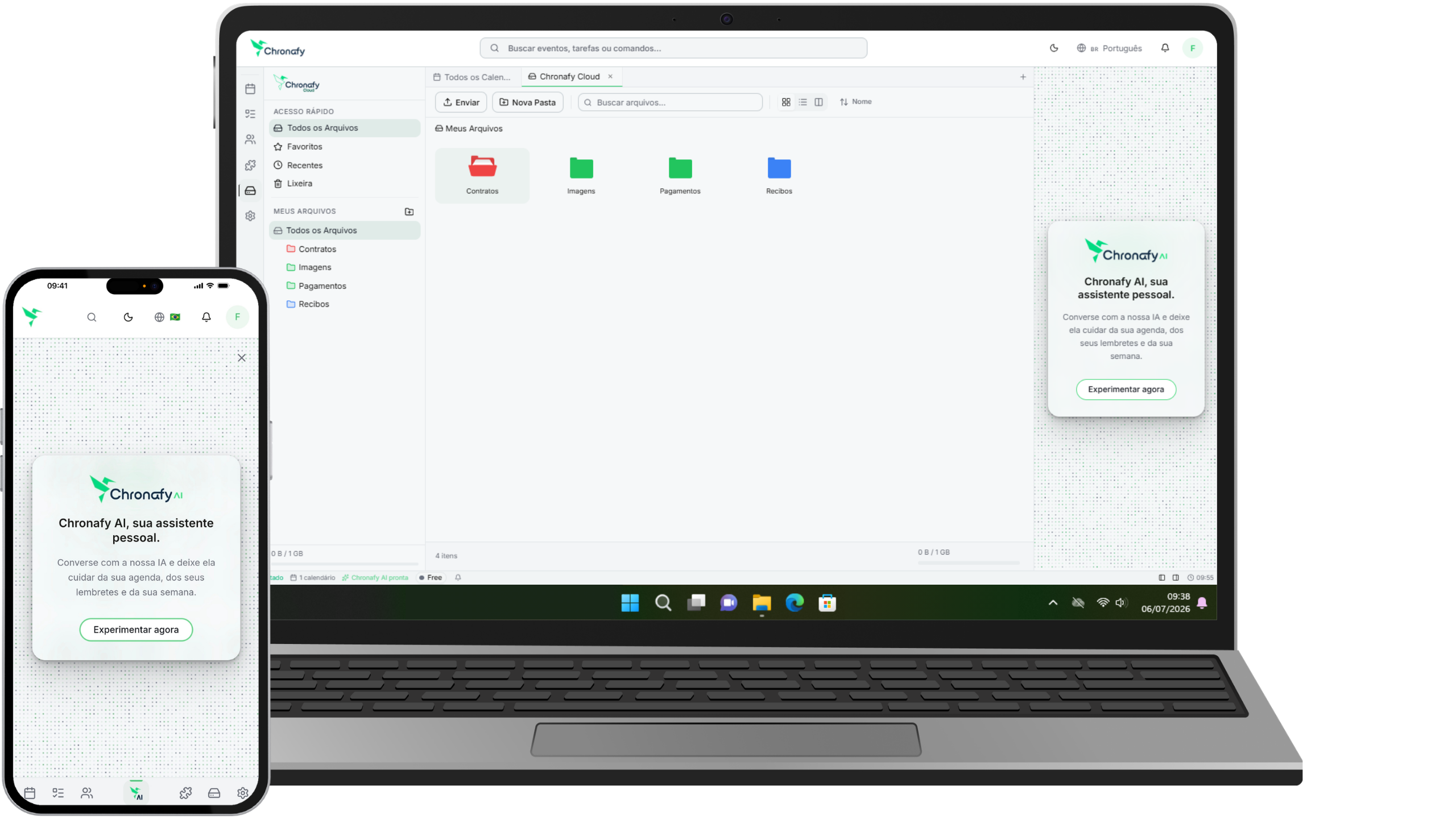Chronafy Cloud no notebook e no celular, com pastas de arquivos e a assistente de IA