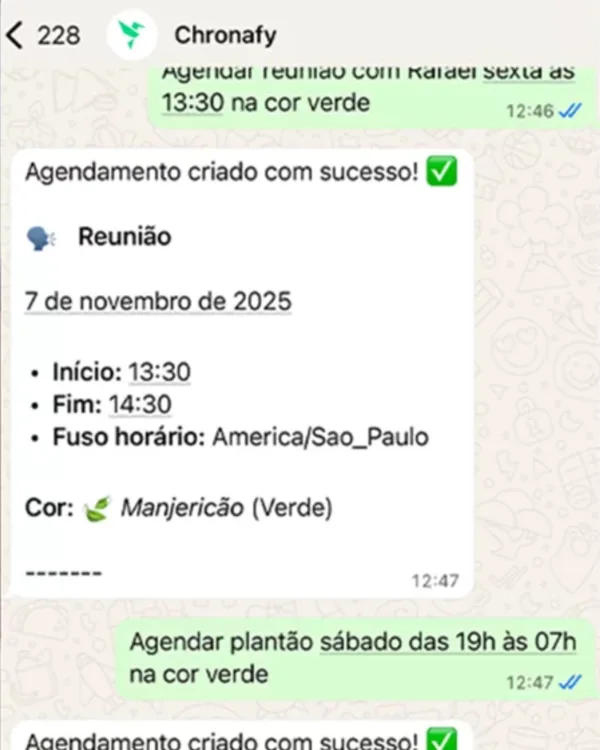 Conversa no WhatsApp com a Chronafy criando um agendamento por mensagem
