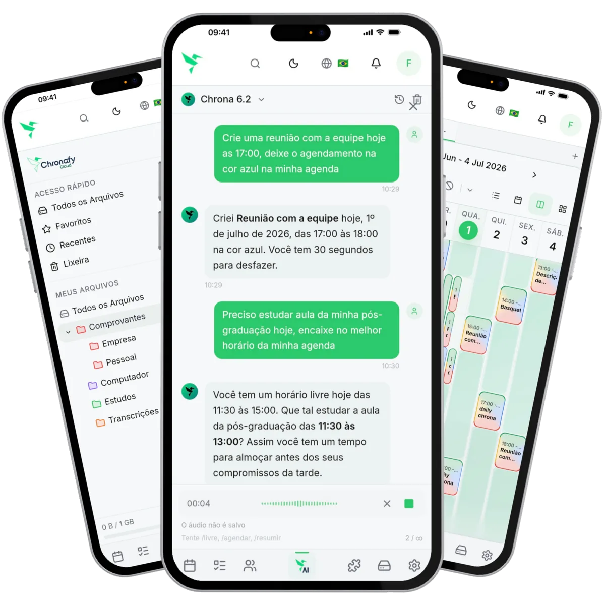 Telas do Chronafy Life: arquivos na nuvem, chat com a IA e agenda