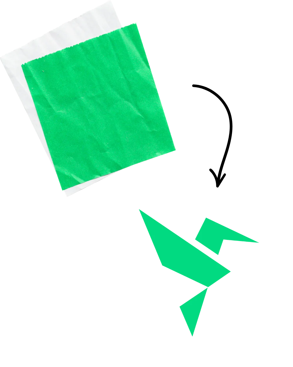 Uma folha de papel se transformando em um beija-flor de origami, o símbolo da Chronafy