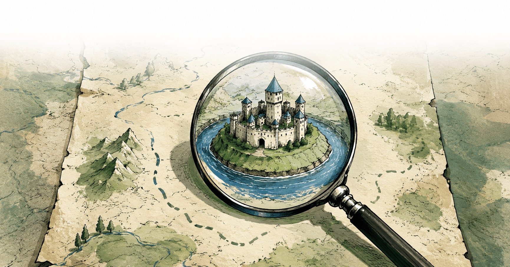 Castelo cercado por um fosso azul é ampliado por uma lupa sobre um mapa antigo, simbolizando a busca por uma vantagem competitiva difícil de copiar.