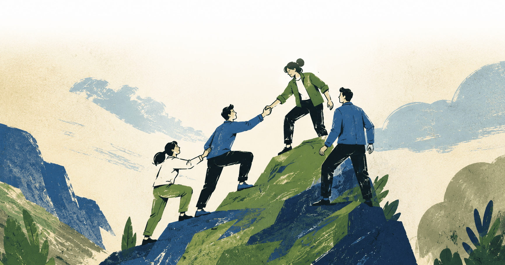 Quatro pessoas sobem uma encosta em conjunto, apoiando-se pelas mãos para avançar com segurança, confiança e cooperação.
